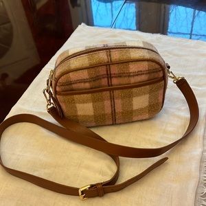 Pink plaid crossbody bag with leather trim by Talbots.